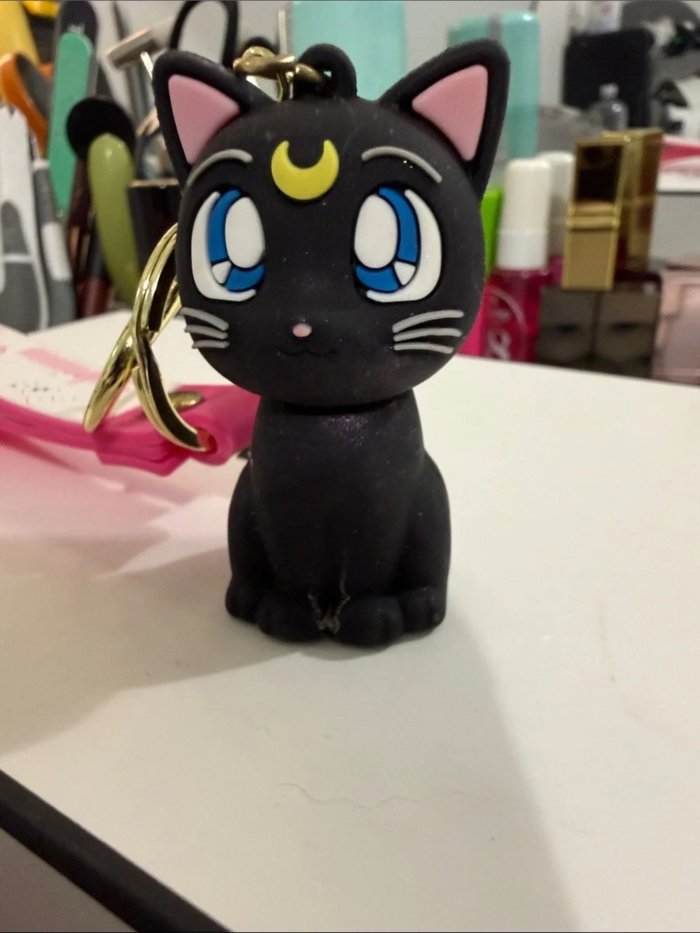 Black Cat Keychain Charm with Blue Eyes and Yellow Crescent